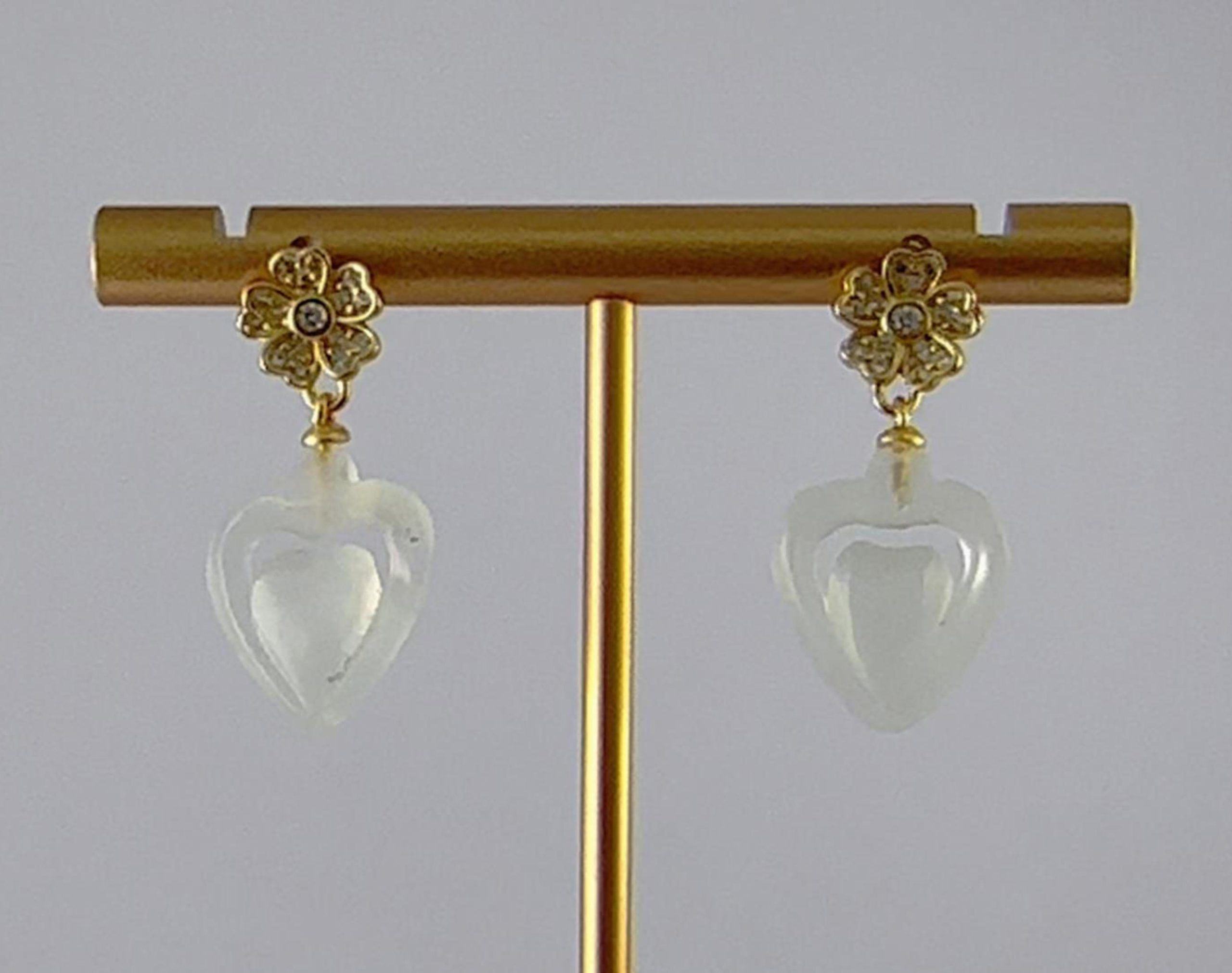 金色钻花朵桃心耳钉 - 图片 4