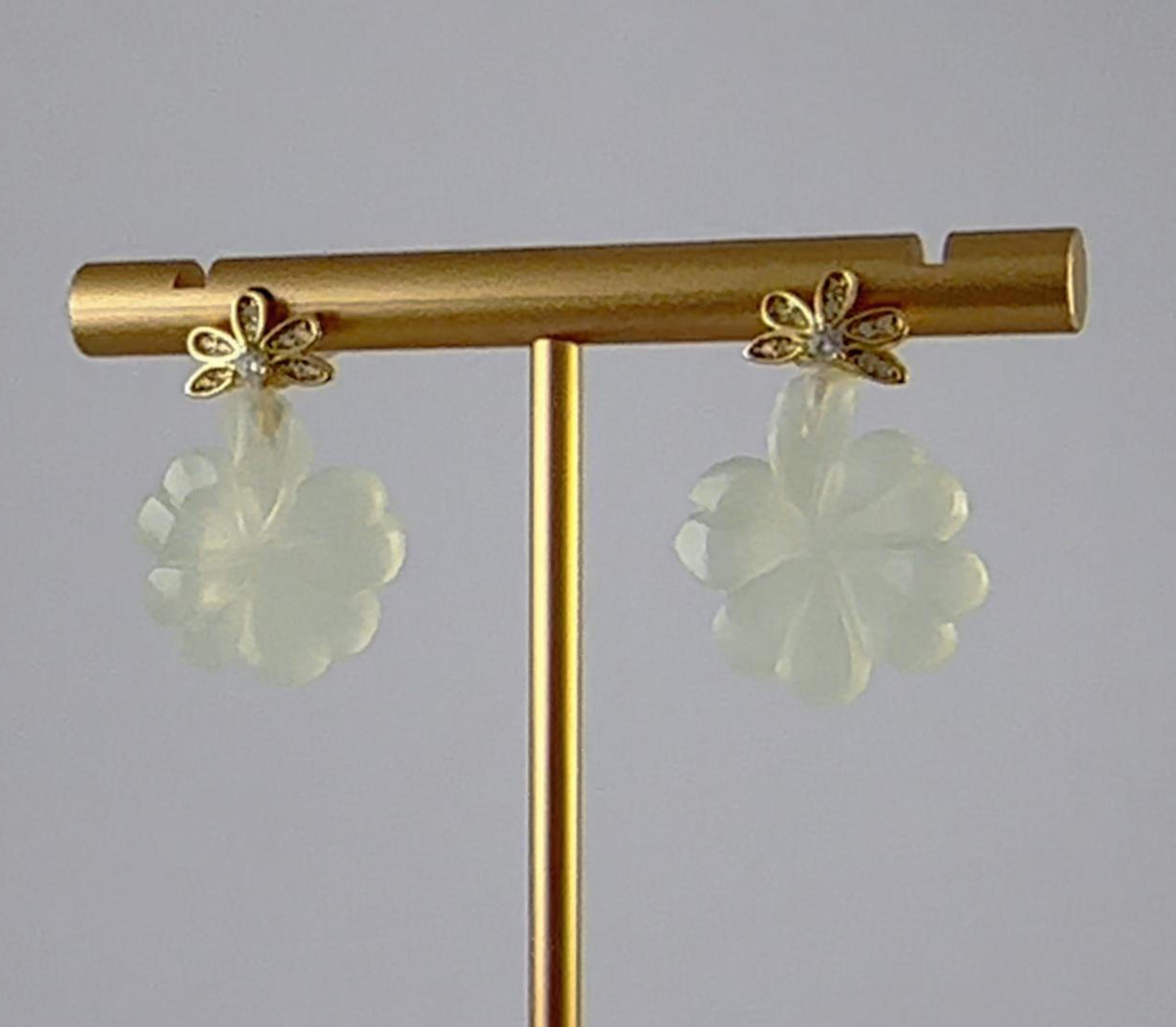 金色钻花朵四叶草耳钉 - 图片 4