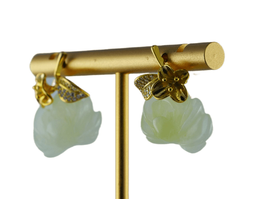 金色带叶花朵形小牡丹花耳钉 - 图片 2