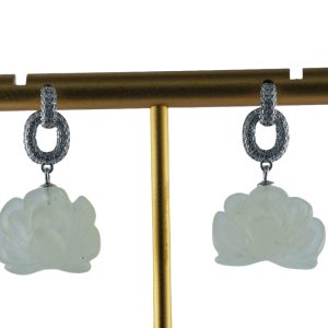 银色两连环叶形小牡丹花耳钉